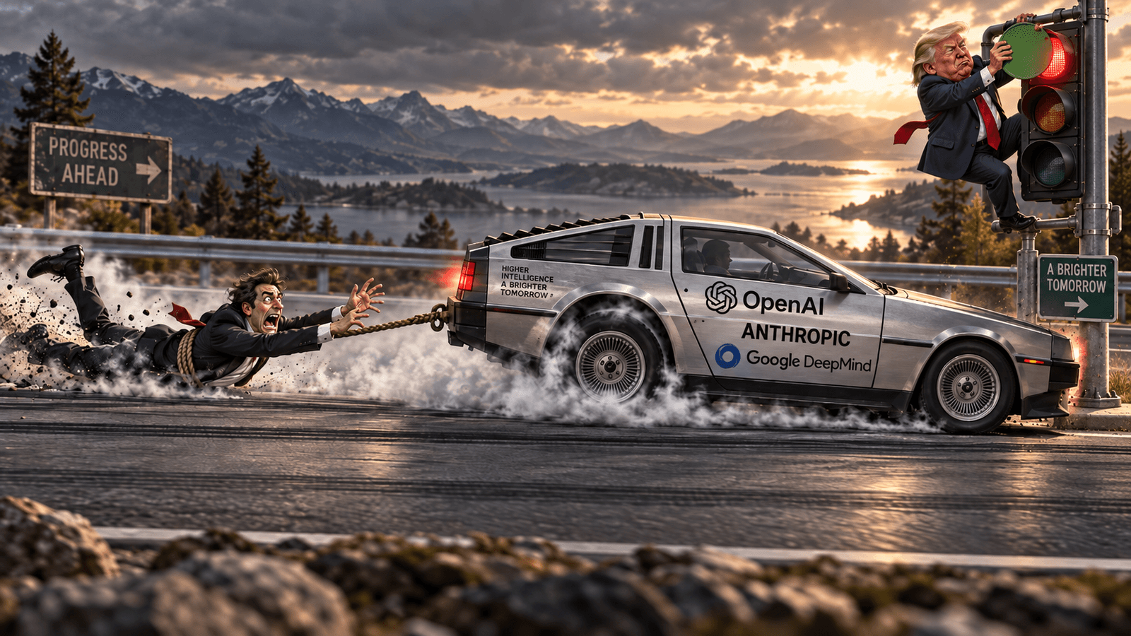 Ilustración satírica de un coche deportivo con los logos de OpenAI, Anthropic y Google DeepMind acelerando entre humo de neumáticos, un hombre de traje arrastrado por una cuerda a punto de estrellarse contra él, y una figura en la parte superior forzando un semáforo para que esté en verde.